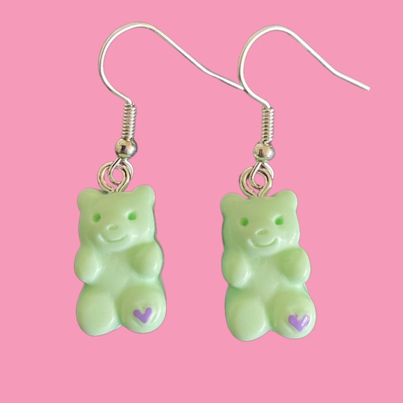 Green Teddy Bear Charm Earrings - Picture 1 of 4